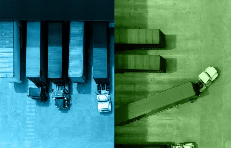 Top-down image of trucks and shipping containers
